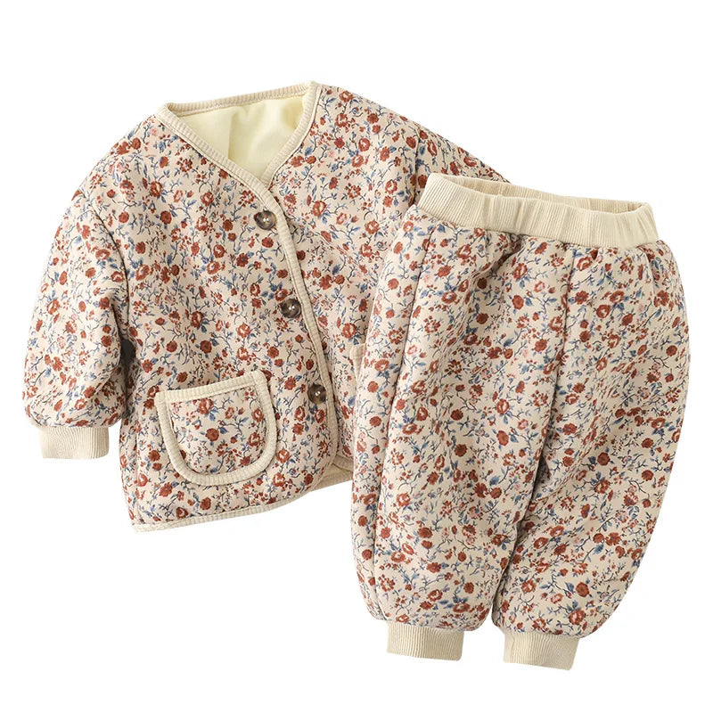 2026 Winter New Baby Warm Clothes Set Cute Leopard Floral Coat + Pants 2pcs Suit Vintage Baby Girl Outfits Infant Jacket Set