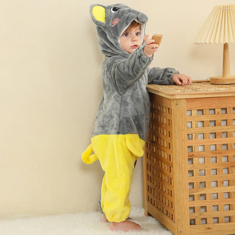 MICHLEY Halloween Elephant Winter Baby Rompers Clothes Costume Flannel Hooded Bodysuits Pajamas Animals Jumpsuit For Boys Bebe
