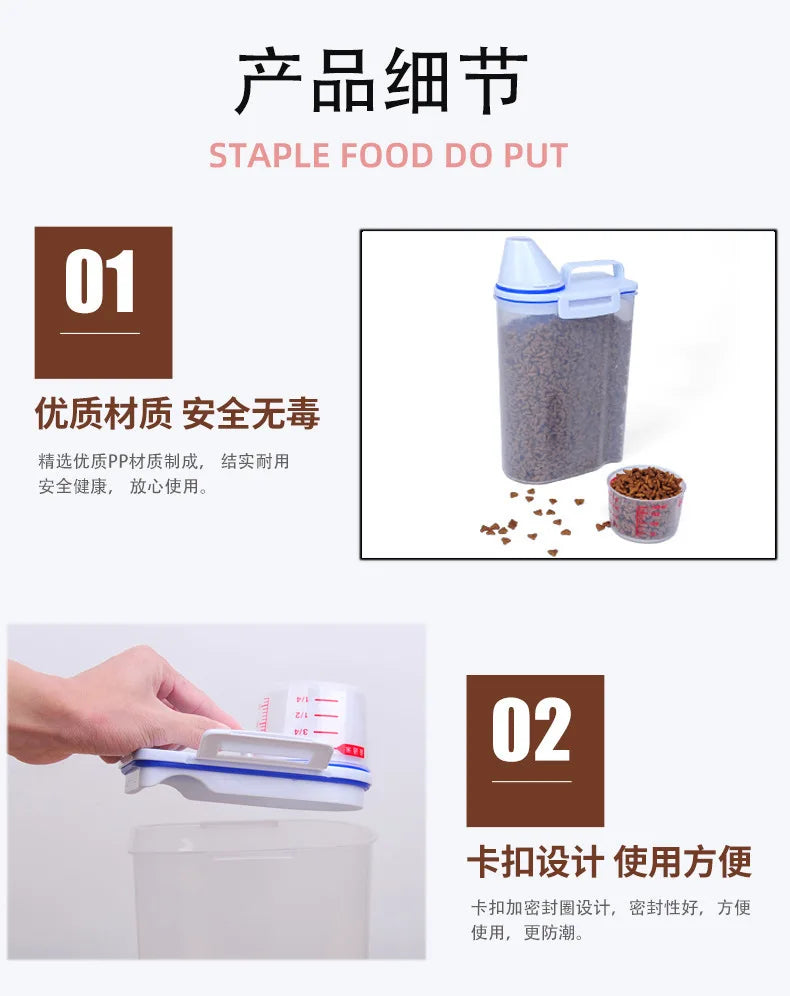 Dog Cat Food Pail Plastic Storage Tank with Measuring Cup Container Moisture-proof Sealed Jar Pet Supplies Accessories