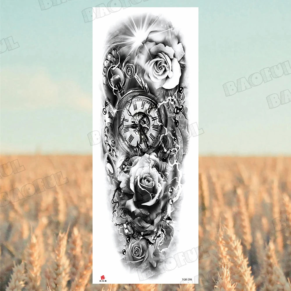 BAOFUL Full Arm Sleeve Temporary Tattoos For Women Men Realistic Wolf Lion Warrior Maori Fake Tattoo Stickers Thigh Leg Tatoos