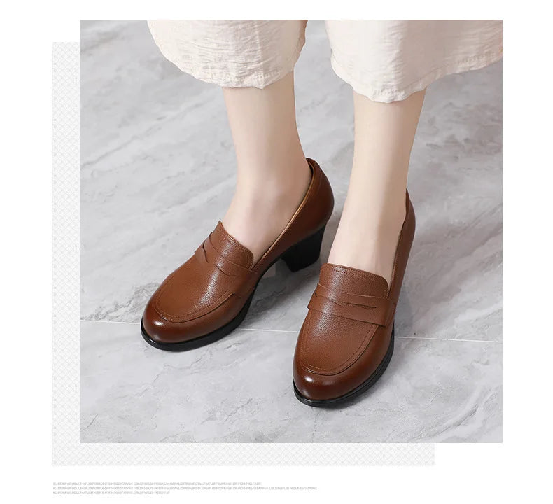 GKTINOO Pumps Women Genuine Cow Leather Round Toe Slip-On Loafers Med Heel Lady Shoes Handmade Women's Work Shoes