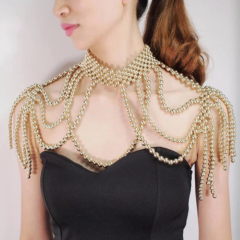 Fashion Pearl Shoulder Chain Jewelry Wedding Party Big Necklace Sweater Chain Shoulder Chain Wedding Accessories Gift for Women