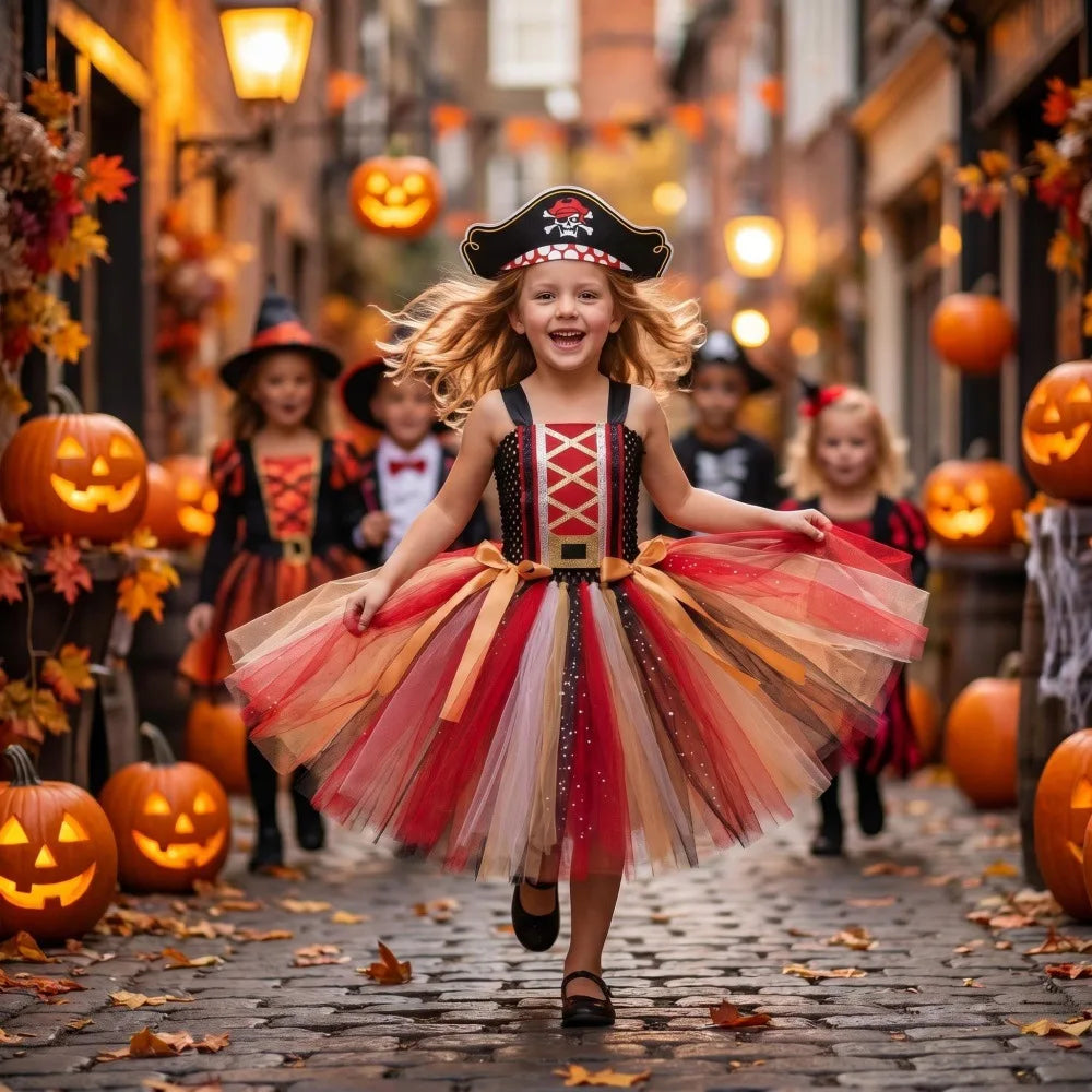 2-12Yrs Children Cosplay Villain Costume Tutu With Hat Girls Halloween Party Outfit Black Red Off Shoulder Princess Pirate Dress