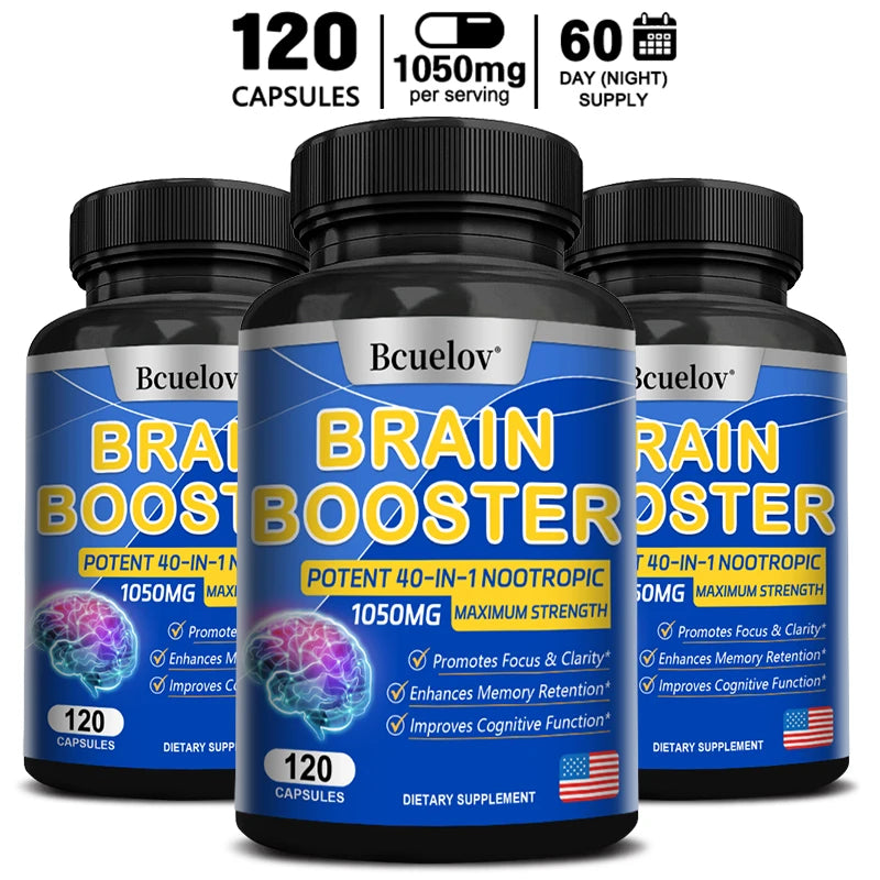 Brain Nutrition Capsules - Dietary Supplement, 40-in-1 Potent Formula, Vegan, Non-GMO, Supports Focus and Brain Health