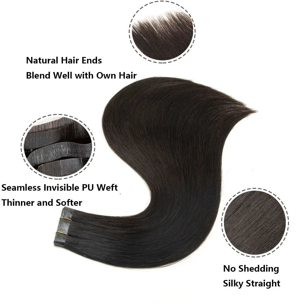 Seamless PU Tape Weft Human Hair Extensions Long PU Skin Weft Tape in Hair Extensions No Glue Human Hair For Fine Hair Long Weft