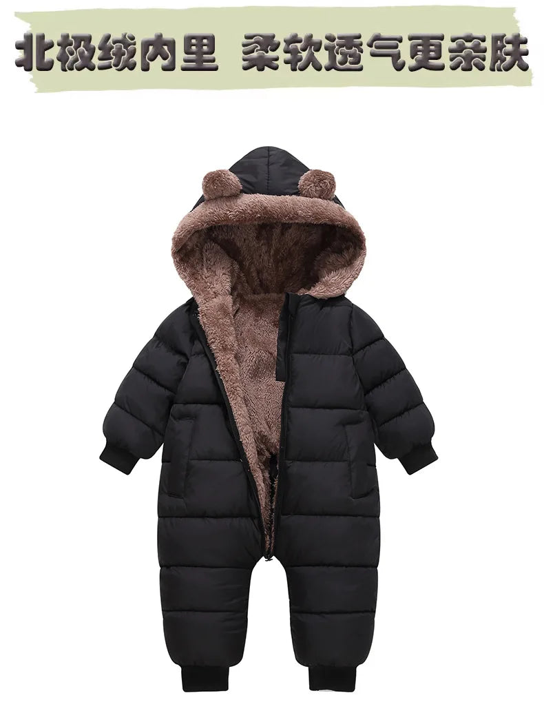 Autumn Winter Newborn Boys Girls Rompers Fleece-lined Zipper Keep Warm Hooded Bodysuits For Baby Kids Children Birthday Present