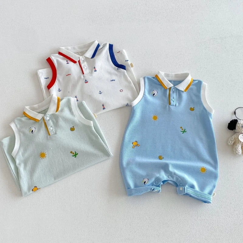 2026 New Summer Baby Fashion Cartoon Printed Cotton Soft Sticky Collar Sleeveless Climbing Clothes