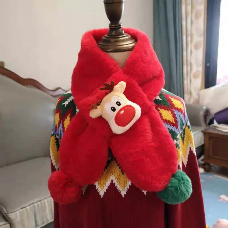 Plush animal scarf with cute fur ball deer design soft and warm accessory for Children for winter outdoor and Christmas gift use