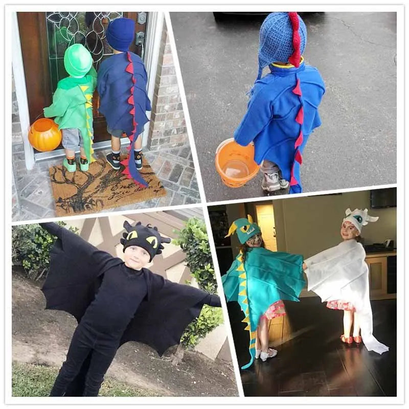 Kids Dragon Cape Costume 3PCS Cloak Hat Mask Set Halloween Carnival Role Play Outfits for Boys Girls School Performance Clothes