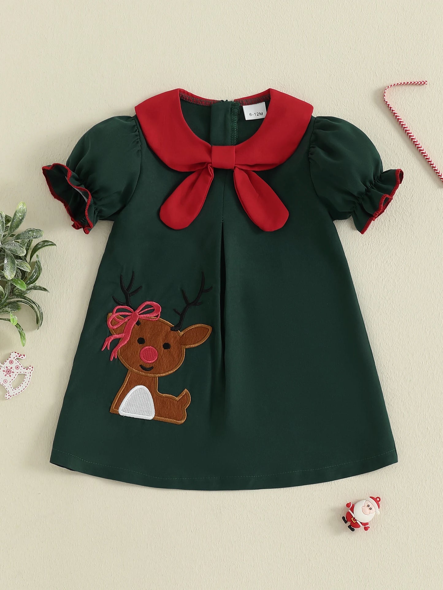 Tregren Toddler Girl Christmas A-Line Dress Reindeer Embroidered Doll Collar Short Sleeve A-line Dress New Year Festival Clothes