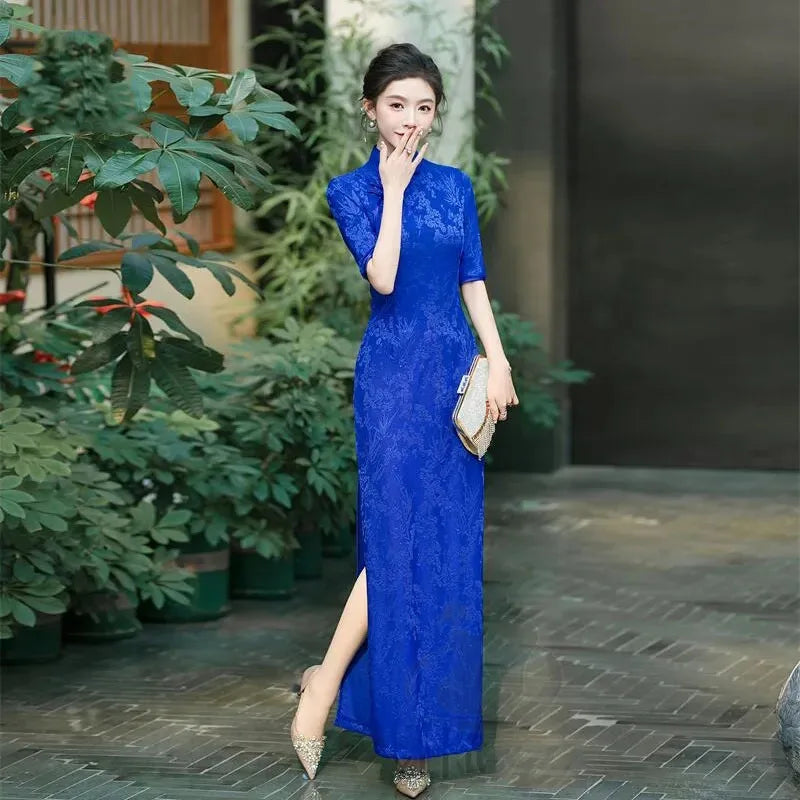 Female Large Size 6XL Maxi Dress Summer Lady Fashion High Fork Long Dresses 2025 Women Solid Color Five Divide Sleeves Cheongsam