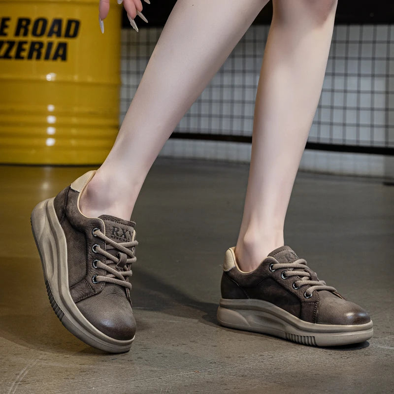DRKANOL Spring Genuine Leather Casual Sneakers Women Thick Bottom Platform Lightweight Single Shoes Ladies Wedges Heel Shoes