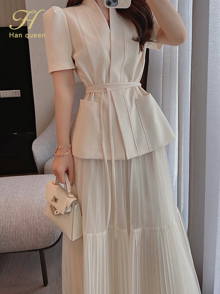 H Han Queen Elegant 2 Piece Office Dress Women Summer Simple Basic A-Line Dresses Short Sleeve Slim Long Casual Party Vestidos