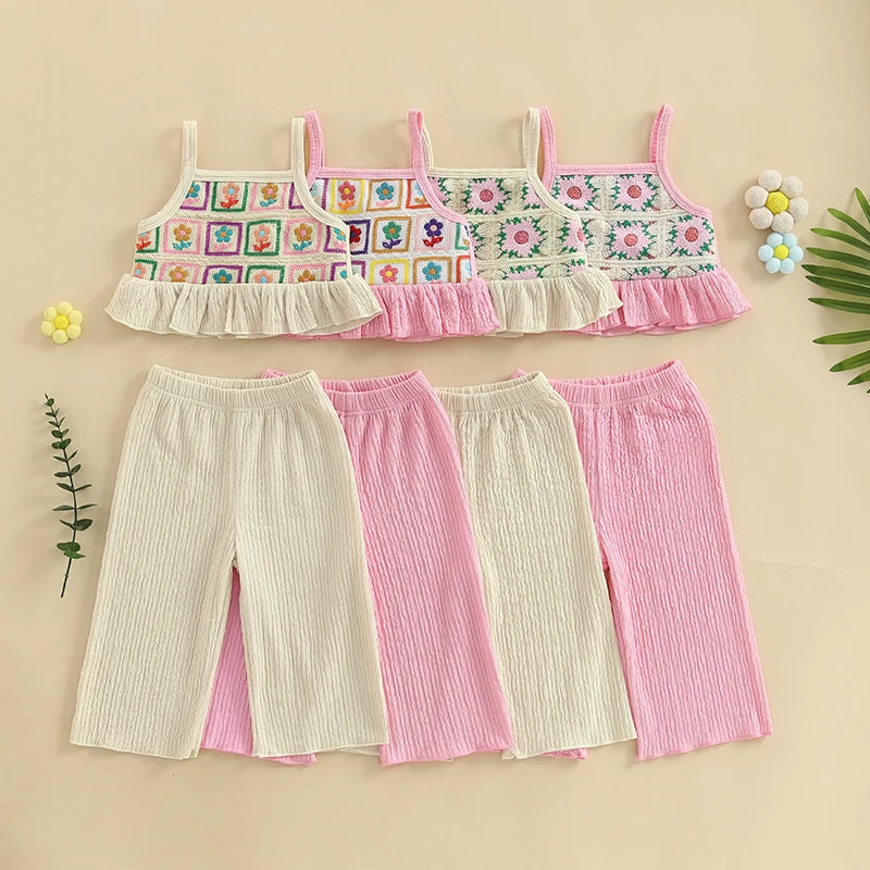 Toddler Girl Crochet Outfit Crochet Floral Crop Top Sleeveless Camisole Ruffle Top and Pant Set Baby Summer Clothes