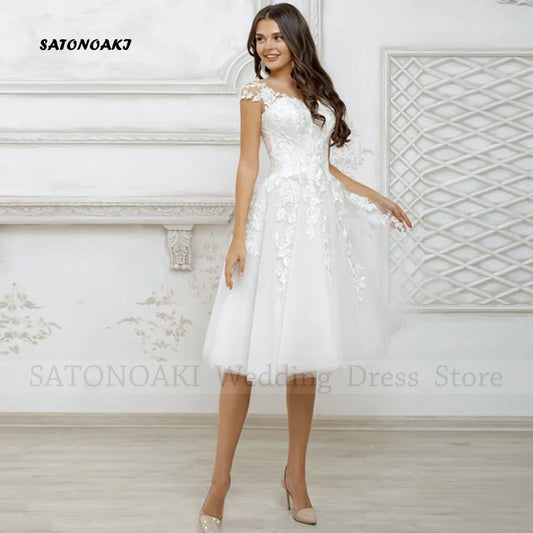Customized Elegant Simple Lace Short Wedding Dress for Women O-Neck A-Line Knee Length Appliques Bride Gown Vestidos De Novia