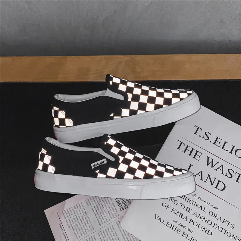 Black White Plaid Canva Women's Shoes Student Vintage Hong Kong Style Versatile Flat Shoes Korean Version Harajuku Casual