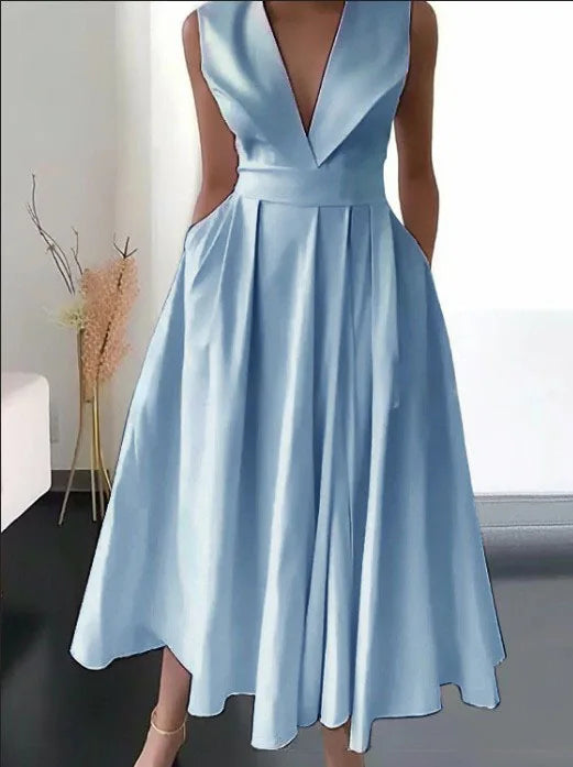 Hot Sale Of The Season New Women's Midi Dress Sleeveless Waist Cinched Large Flounce Pure Color Pocket Insertion Cross-Border...