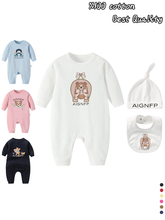 Cute Bow Bear Romper Newborns Clothes Autumn 2025 Hot Sale New Toddler Jumpsuit Hat Bib scarf Set Baby Girls Long sleeves Romper
