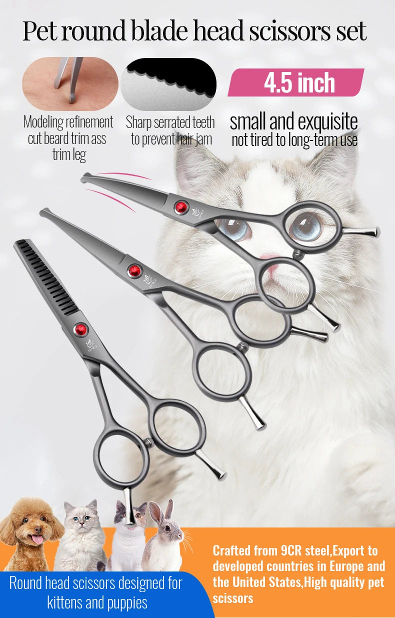 Fenice 4.5 Safety Round Tip Pet Dog Cat Grooming Cutting Scissors Dogs Hair Cutting Shear for Eyes/Face/Foot/Nose