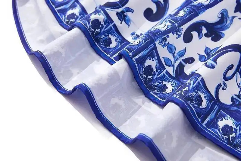 JAMERARY Summer Runway Blue White Porcelain Print Midi Dress Women's Straps Flare Sleeve Elastic Waist Cotton Floral Vestidos