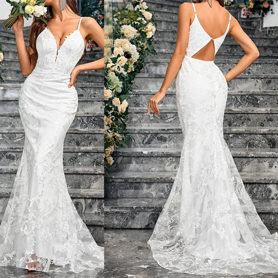Sexy Cross-Border Slim Fit Bodycon Wedding Dress with Train for Bridal Showers And Parties V-Neck Ankle-Length Evening Gown