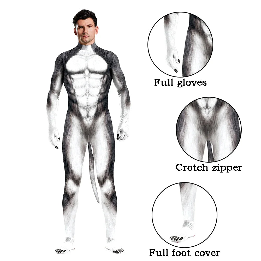 Halloween Cosplay Costume Male Adult Full Cover Elastic Zentai Pet Suit Jumpsuit Print Catsuit Bodysuits with Tail Purim Clothes