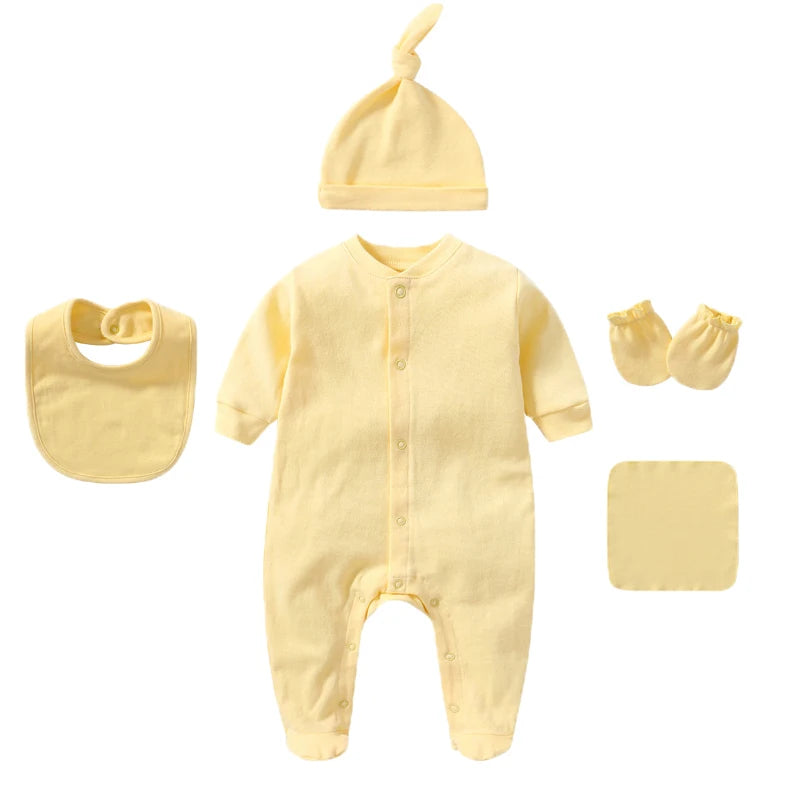 Unisex Baby Clothing Set with Jumpsuit Hat Bib Gloves Towel 5-Piece Solid Color Cotton Collection for Newborns to 6 Months