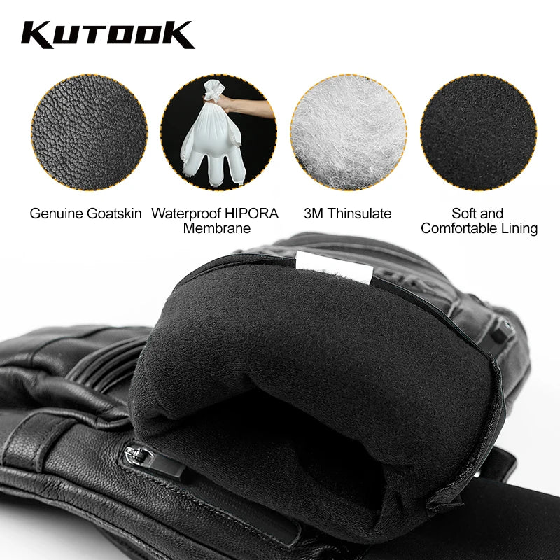 KUTOOK Goatskin Leather Ski Gloves Mittens Waterproof Thicken Winter Snow Snowboard Gloves Thermal Warm Skiing Gloves for Men