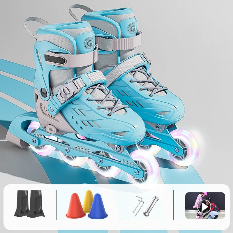 4 Wheels Flashing Inline Skates with Full Protective Gear Set Helmet Knee Pads Elbow Pads Carry Bag Adjustable Size for Boy Girl