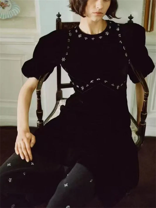 Handmade Nail Beaded Women Velvet Midi Dress Puff Sleeve Slim Waist Female Elegant Evening Dresss Spring Summer