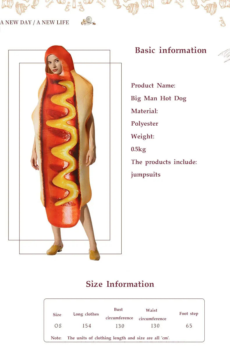 Halloween party costume, hot dog cosplay attire, stage performance outfit, one-piece dress, performance outfit