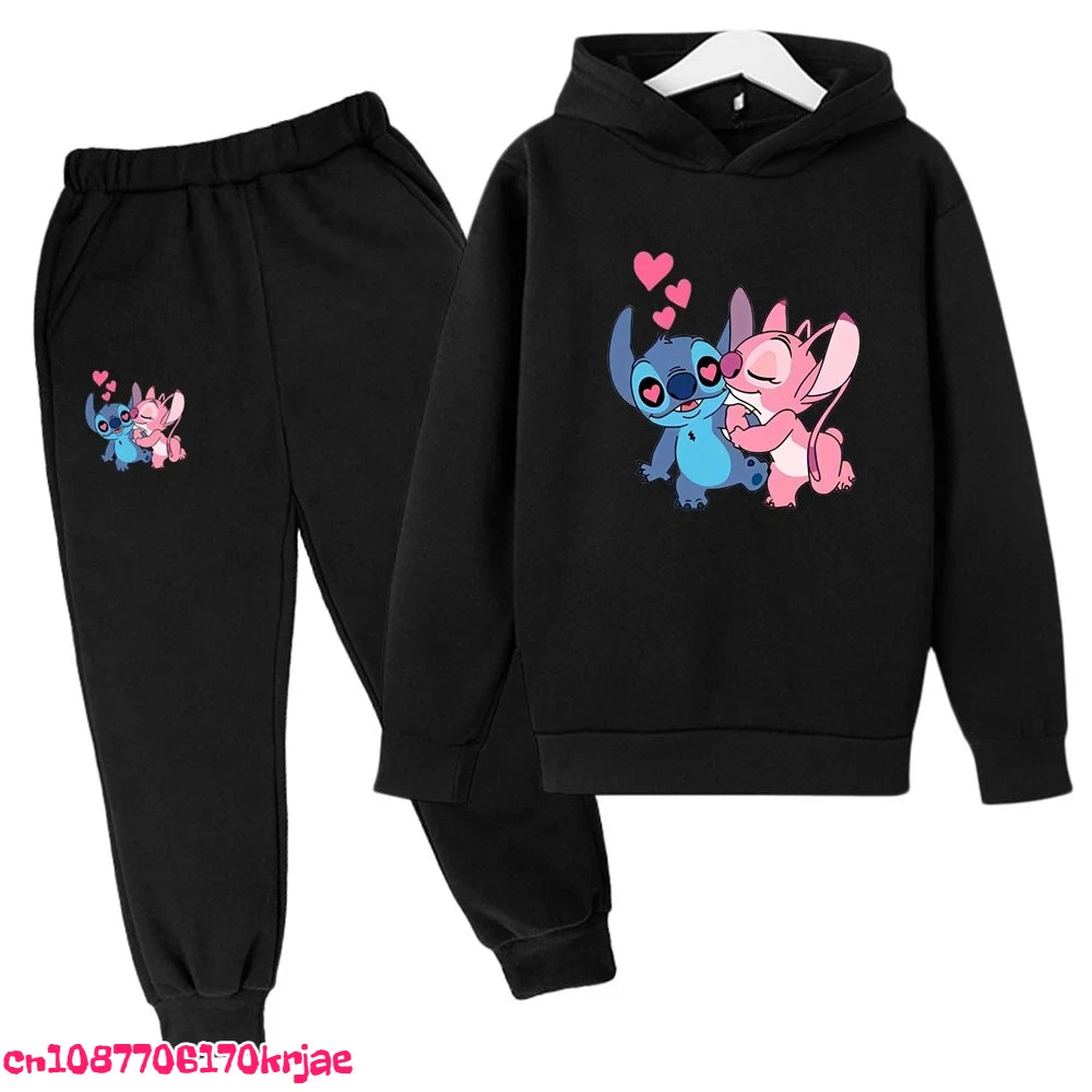 2025 Stitch Children's Hoodie Clothing Leisure Outerwear Black Sweatshirt +pants Set Suitable 3-12 Years Boys Girls Gift Spring