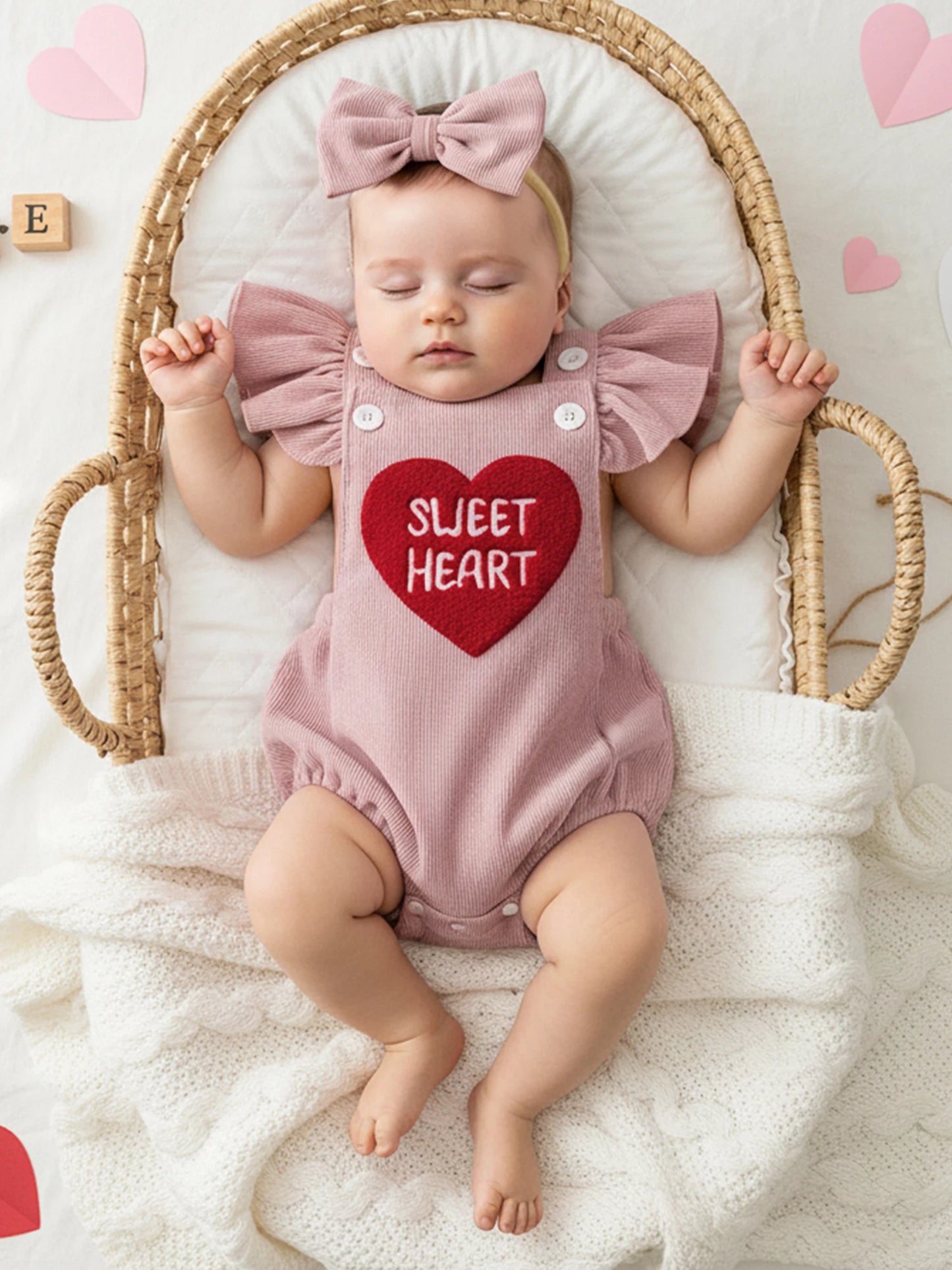 Baby Girl Valentines Outfit Letter Love Heart Embroidered Ruffled Trim Flying Sleeve Romper and Bow Headband 2 Pcs Set