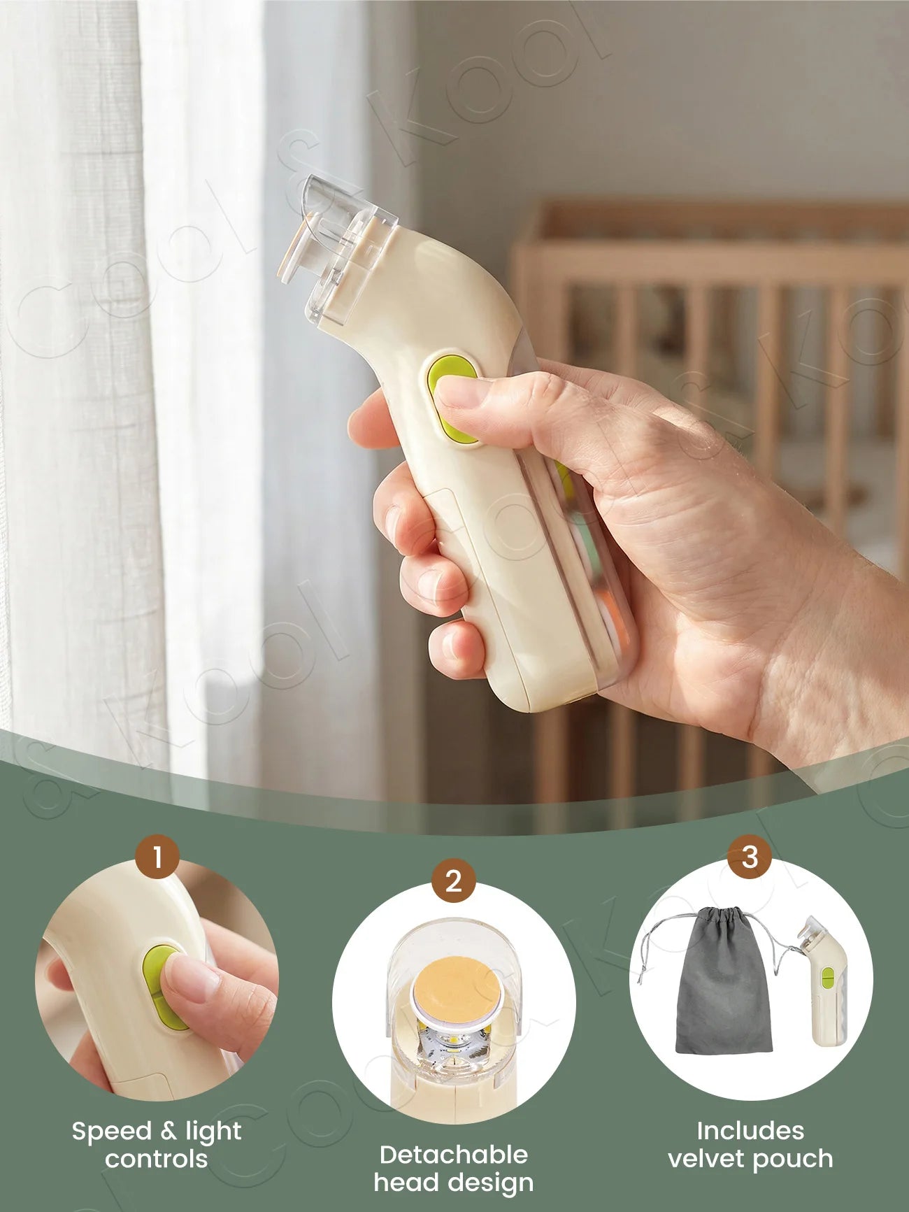 Electric Baby Nail File, 5-in-1 Gentle Nail Trimmer for Infants Toddlers, 360° Rotating Grinding Head with LED Light