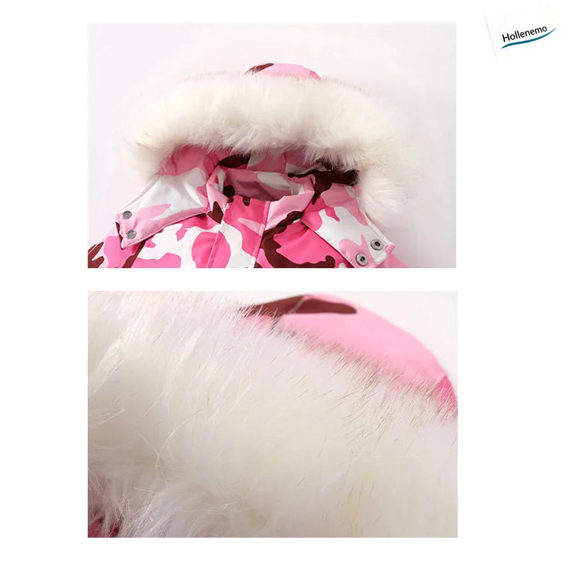 Baby Hooded One‑Piece Snowsuit Faux Fur Trim Windproof Waterproof Animal Print Warm Winter Zipper Jumpsuit Romper For Boys Girls