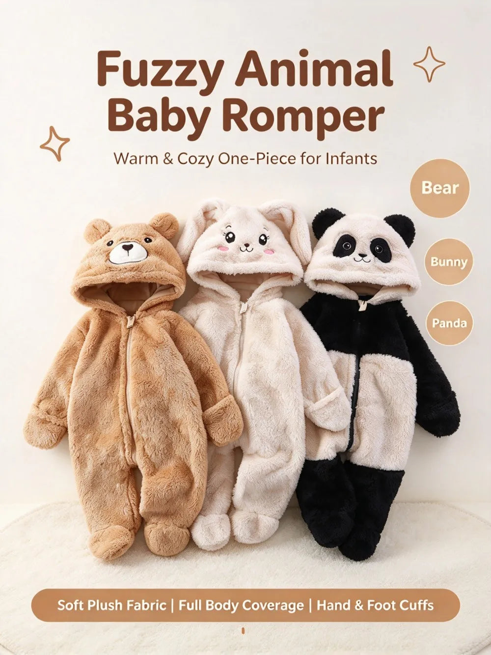 Baby Animal Onesie 0-12M Panda Bunny Bear Hooded Plush Romper Soft Warm Coral Fleece Jumpsuit Newborn Bodysuit Winter Costume