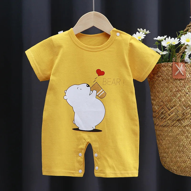 Breathable Cotton Baby Cartoon Jumpsuits, Short Sleeve Bodysuit for Newborn Infant Boys Girls Rompers of Crawling Clothes