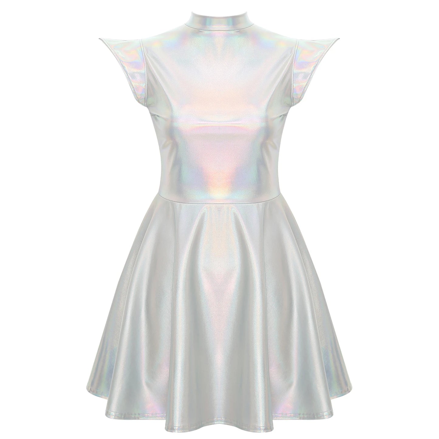 Womens Cocktail Dress Shiny Metallic Dress Alien Space Cap Sleeve High Waist A-line Dress for Halloween Party High Street Dress