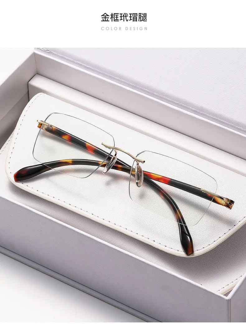 Rimless Photochromic Reading Glasses Auto Color Changing Light Sensitive Presbyopia Glasses Ultralight Frameless Eyeglasses for