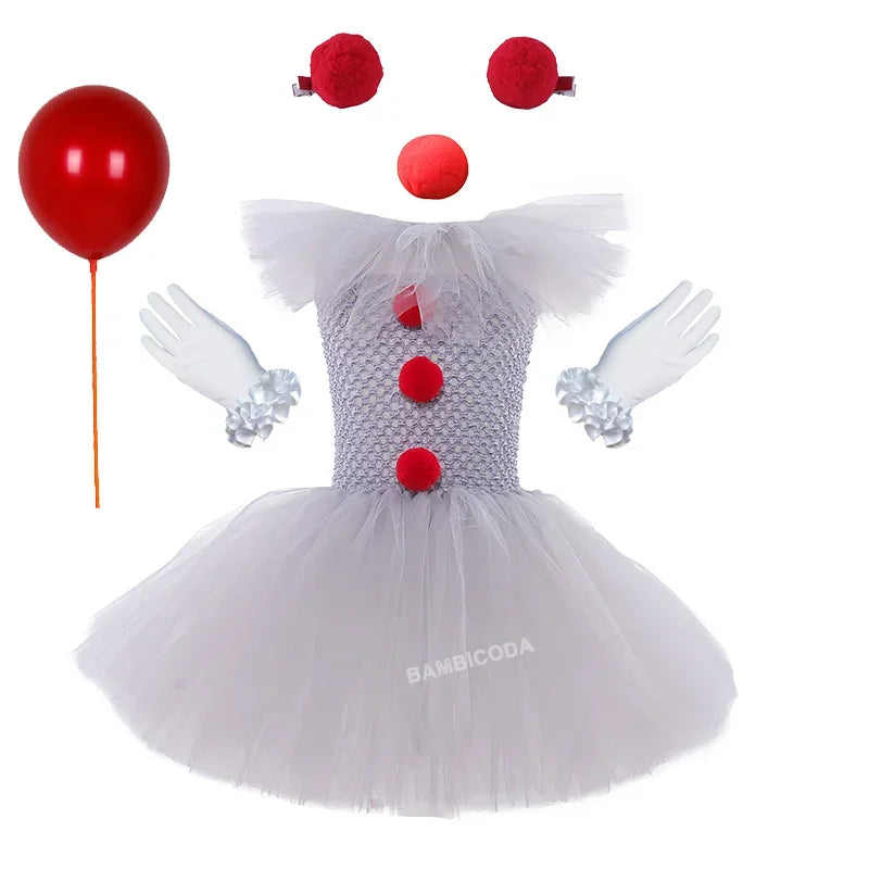 Halloween Pennywise Costume Creepy Clown Gray Tutu Dress Outfit Girls Fancy Carnival Party Tulle Dresses Joker Clothes