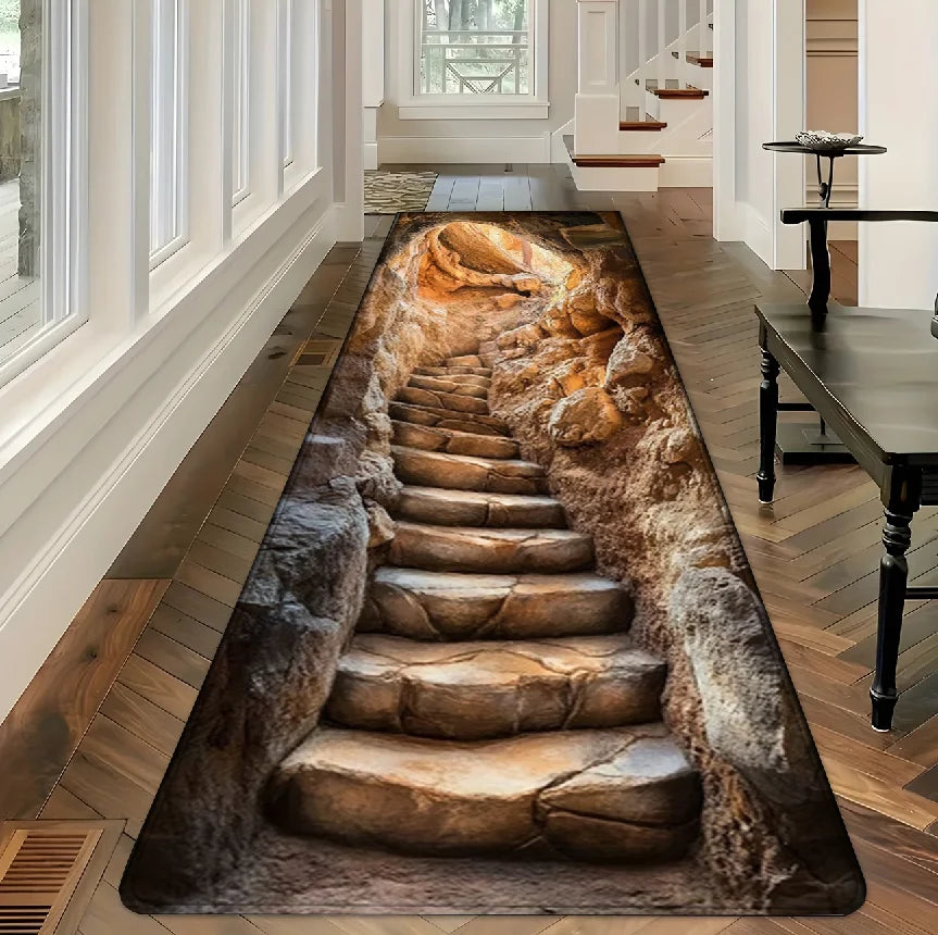 1pc Rug Carpet Mat Non-Slip 3D Stone Stair Cave Runner Rug for Hallway Entryway Bathroom Living Room Bedroom Kitchen Home Decor