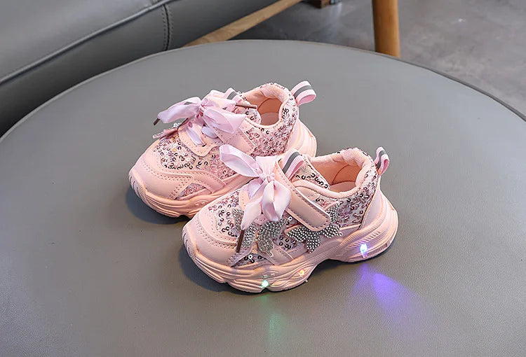 Children Shoes 2026 New Spring Toddler Girls Sport Shoes Bling Bling Soft Sole Breathable Outdoor Tennis Fashion Kids Sneakers