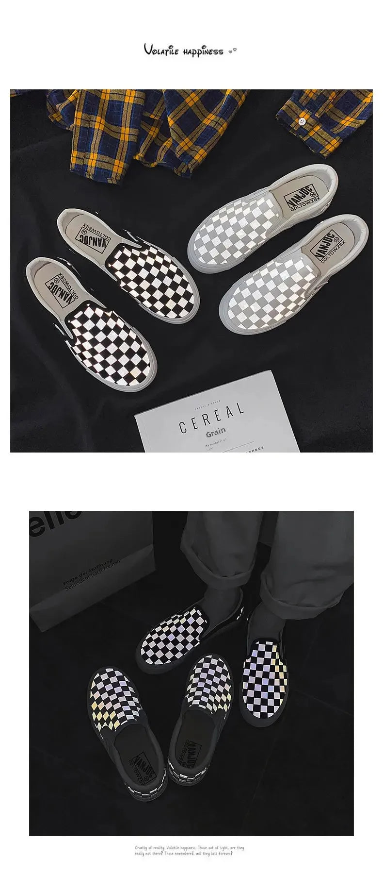 Black White Plaid Canva Women's Shoes Student Vintage Hong Kong Style Versatile Flat Shoes Korean Version Harajuku Casual