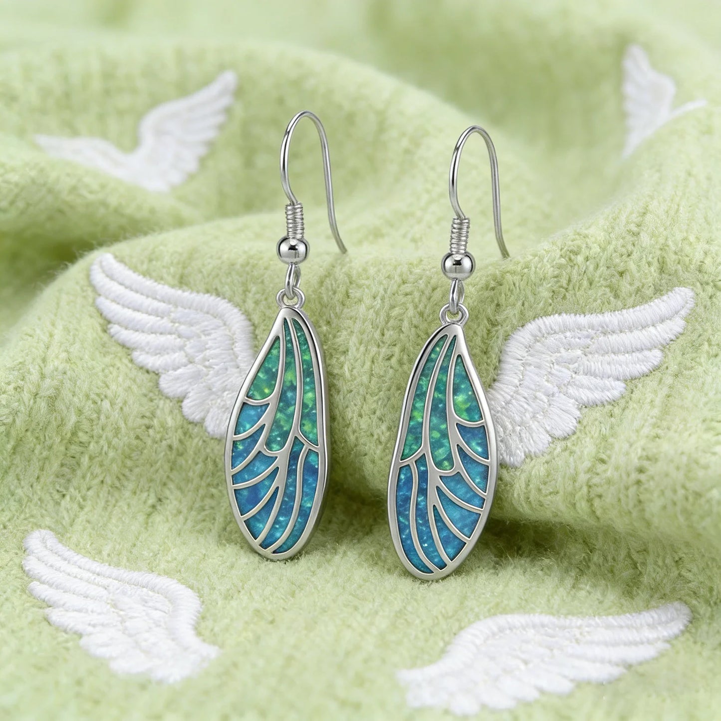 Boho Minimalist Wing Earrings,Blue Green Opal Dangle Earrings,Hypoallergenic Lightweight Elegant Everyday Jewelry Gift for Women