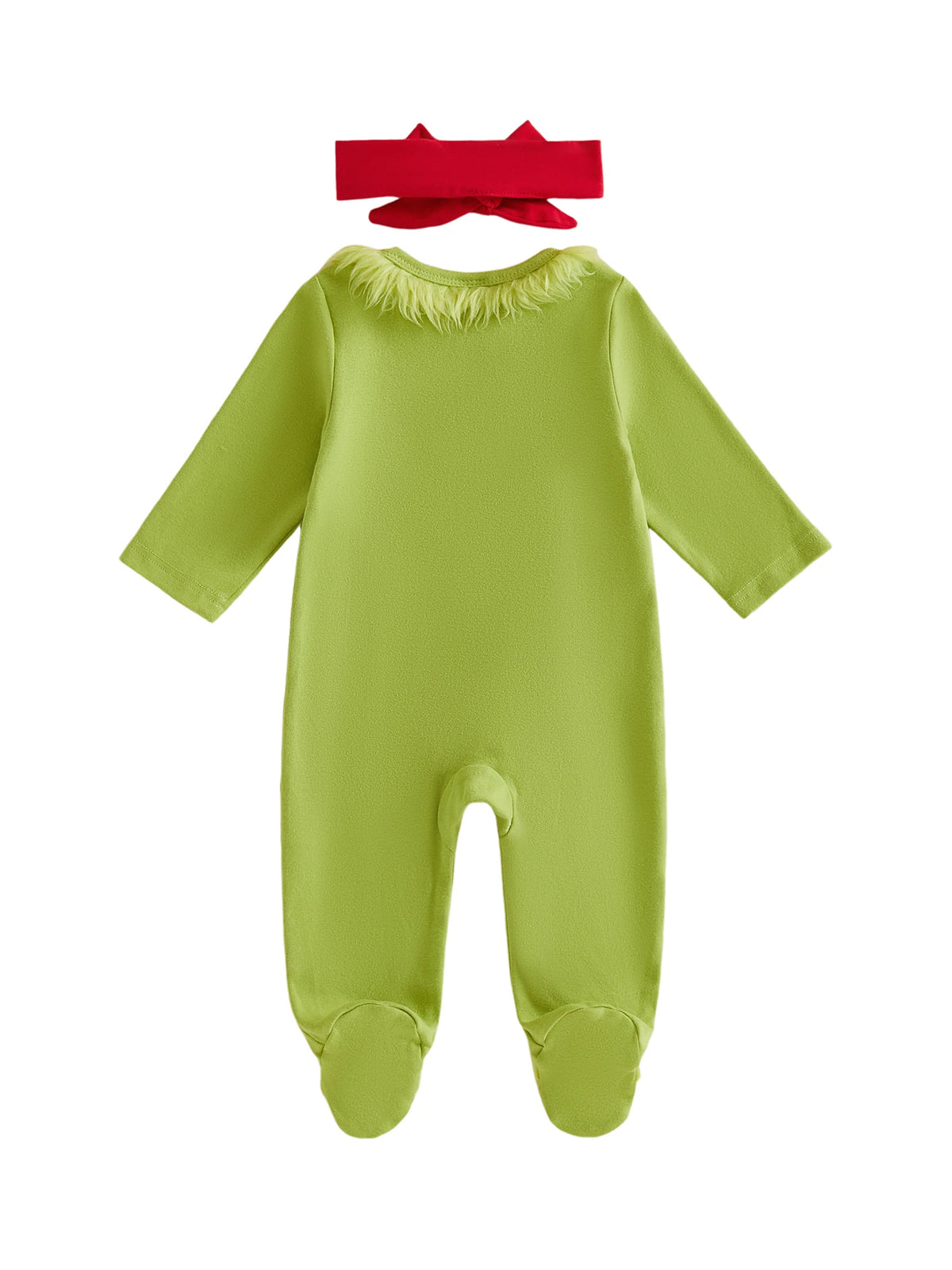 Baby Girls Christmas Ruffles Zipper Romper Green Plush Trim Jumpsuits and Headband Winter Baby Playsuits Clothes