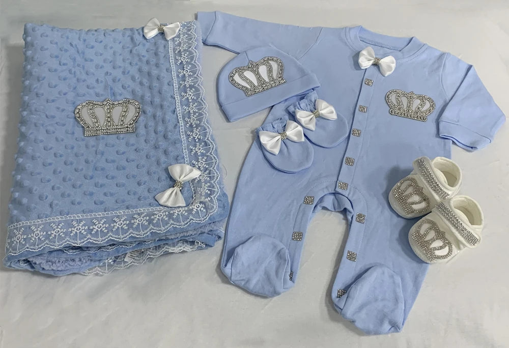5pcs Newborn Baby Embroidery Lace Romper Outfit Clothing Cotton Infant Wrapped Baby Products Pants Mittens Receiving Blanket