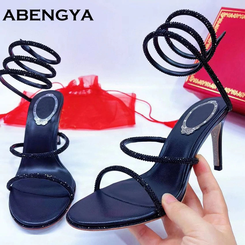 Luxury Crystal Chunky Heels Gladiator Sandals Women Sliver Leather Slingback High Heel Party Shoes Open Toe Women's Sandalias