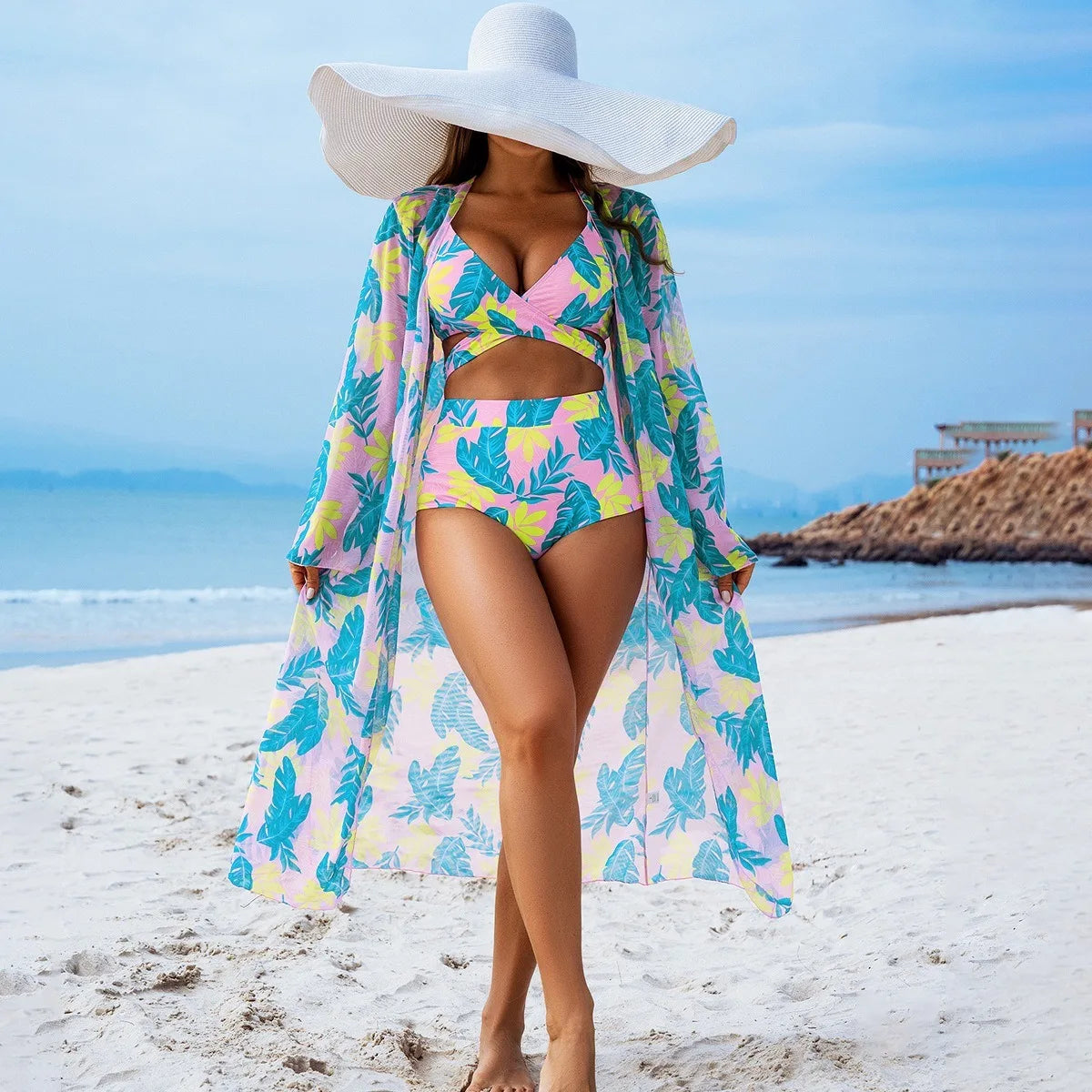 Women 3 Pieces Underwire Floral Bikini Set V Neck High Waist Swimsuit With Long Sleeve Kimono Cover Up Beach Bathing Suit