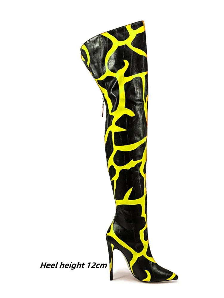 2024 Women's Euro-American Zebra Print Over-the-Knee Boots - Paneled Pointed-Toe Back-Zipper Stiletto, Plus Size Fashion Chic