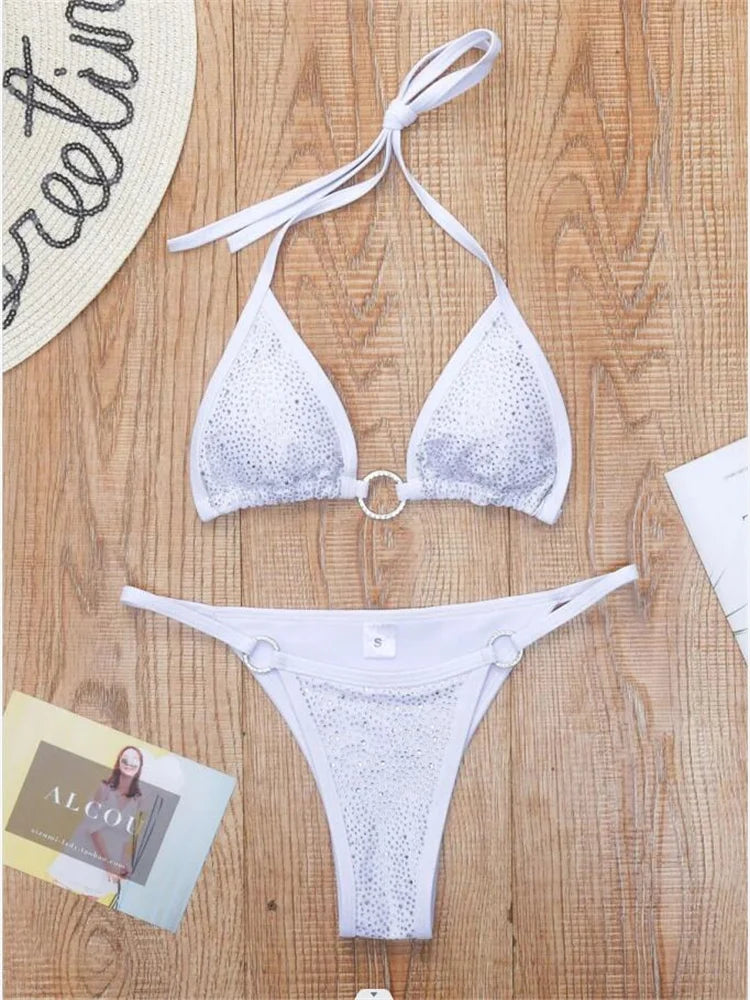 Sexy Sequin Rhinestone Bikini Women Black Diamond Micro Swimwear Braizilian Ring Linked Push Up Bathing Suit Thong Swimsuit 2026